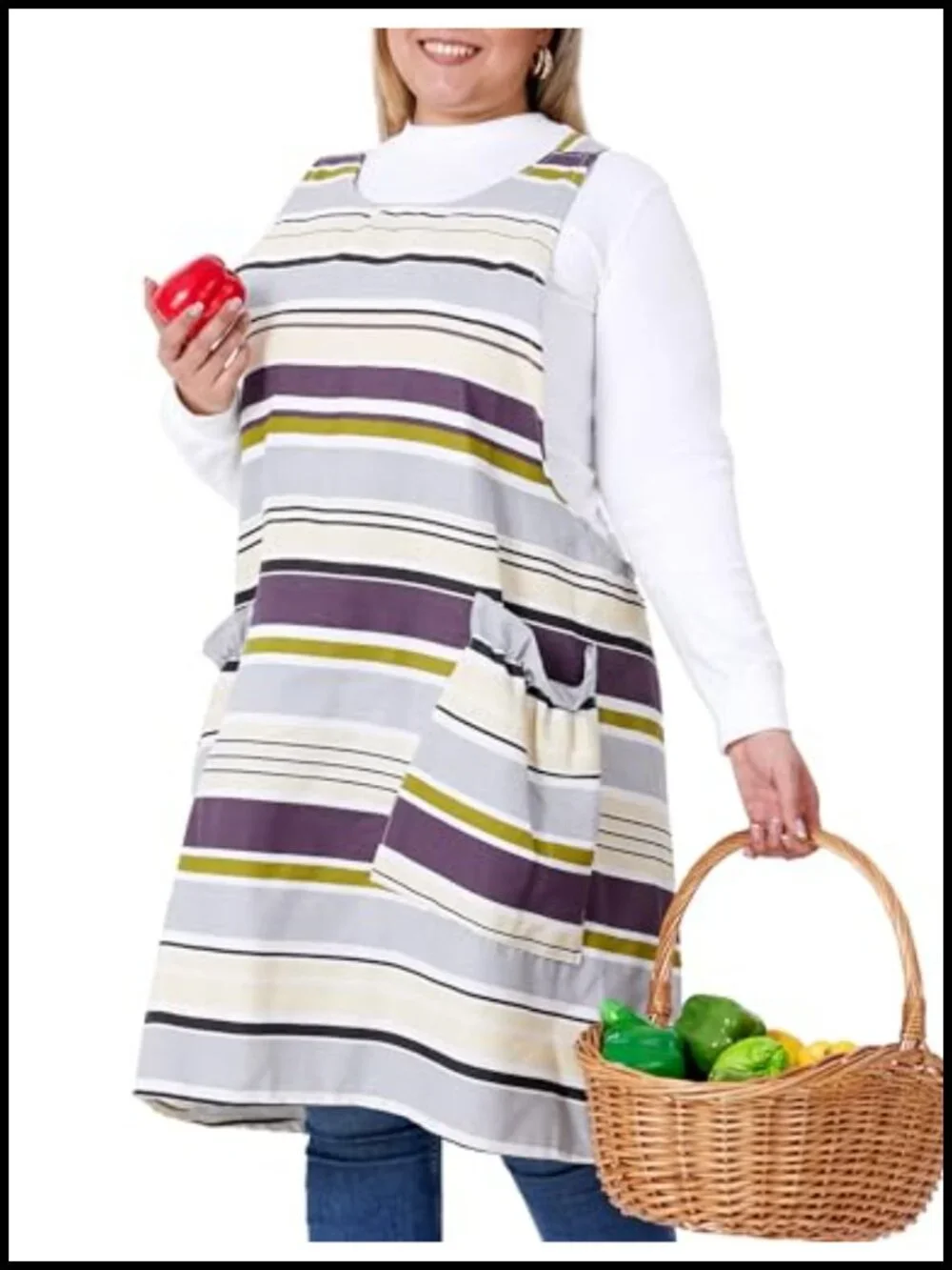 Plus Size Adjustable Cross Back Floral Cotton Linen Apron with Pockets